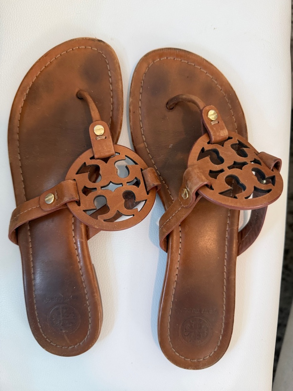 Tory Burch Cognac Leather Cutout Logo Thong Sandals